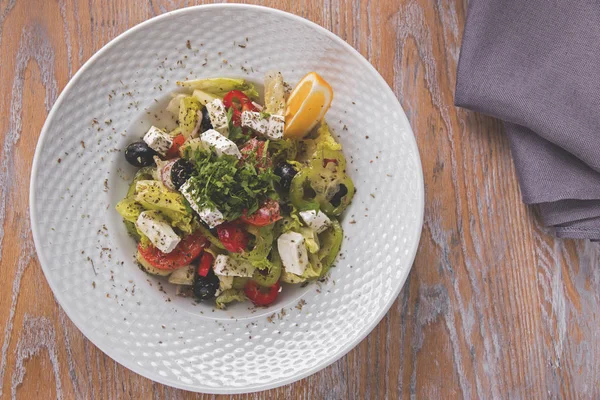 Salad Fresh Vegetables Feta Cheese Goat Tomato Pepper Salad Olives — Stock Photo, Image