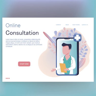 Online tıbbi bir karar için akıllı bir telefonda tıbbi uygulaması olan bir doktoru gösteren bir iniş sayfası. Düz tasarım