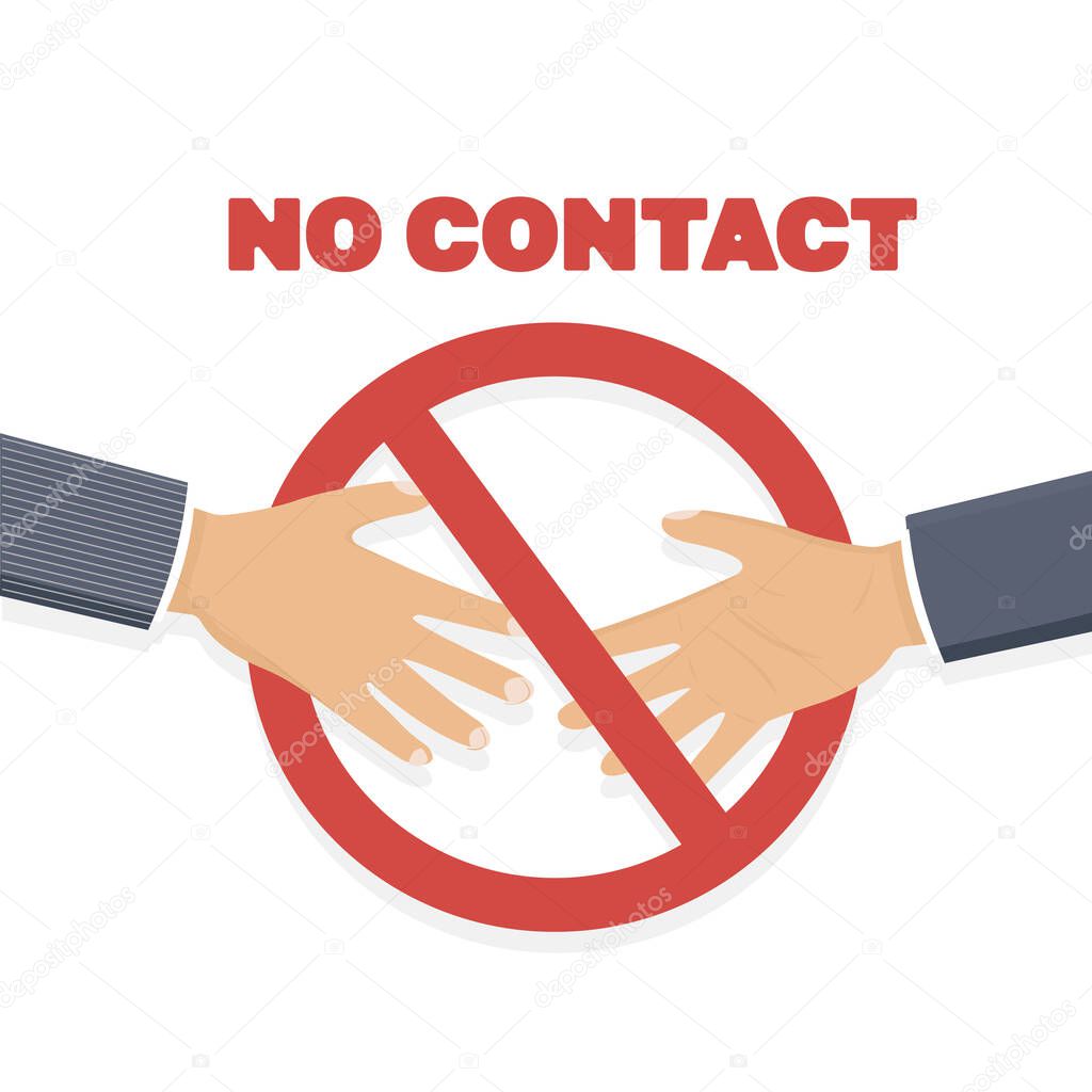 Handshake ban. No handshake the red badge icon, avoiding physical contact and infection with the coronavirus. Vector flat illustration eps 10