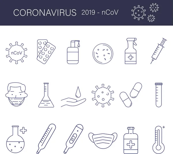 Icone Virus Sottilissime Icone Mediche Sito Web Infografica Coronavirus Sintomi — Vettoriale Stock