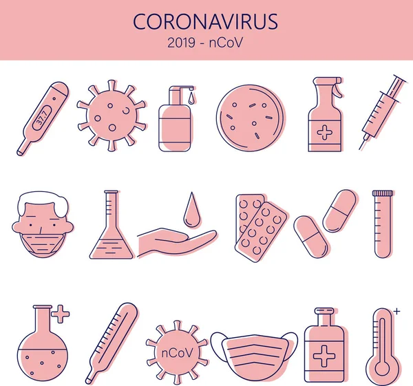 Icone Virus Sottilissime Icone Mediche Sito Web Infografica Coronavirus Sintomi — Vettoriale Stock