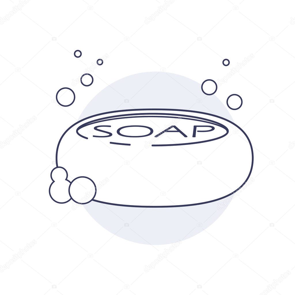Soap icon, soap bubbles. Bar of soap with foam isolated on white. Personal Care. Virus protection. Vector illustration.