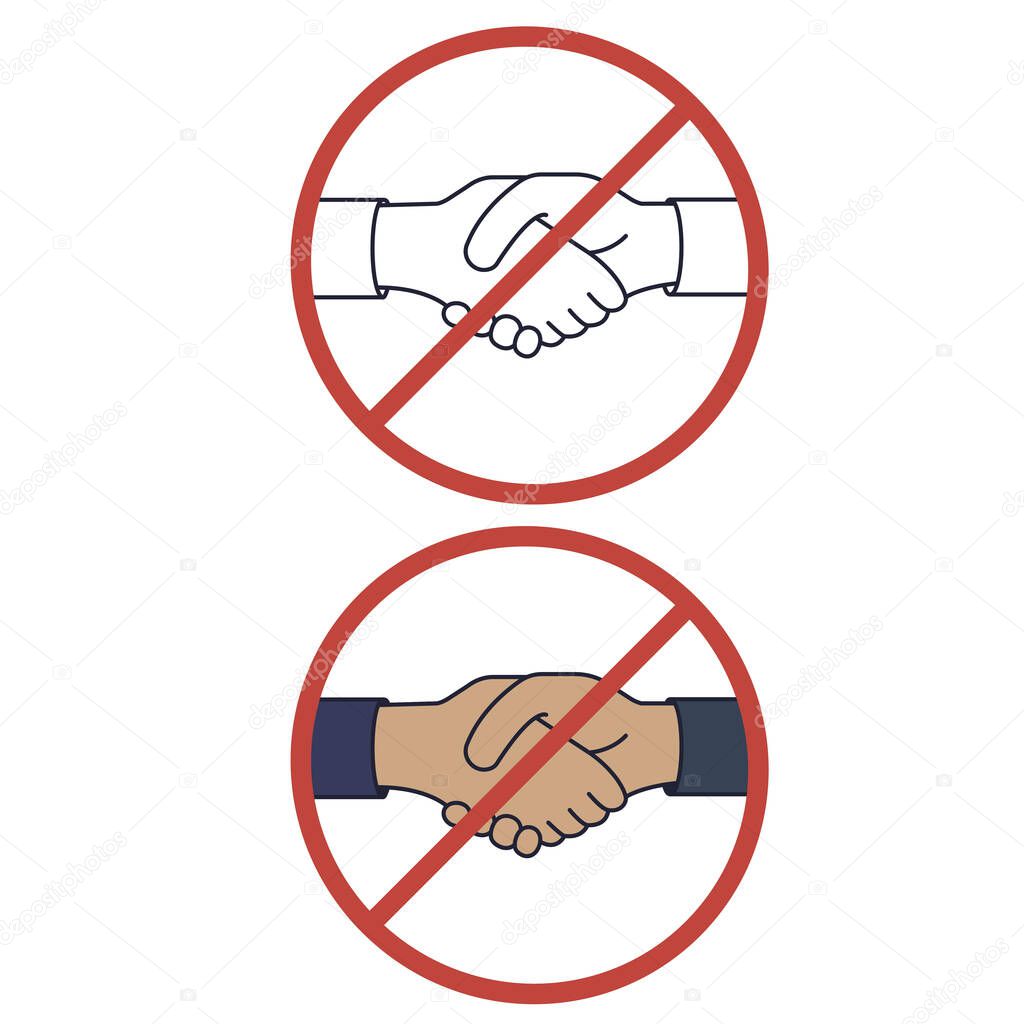 Handshake ban. No handshake the red badge icon, avoiding physical contact and infection with the coronavirus.Methods to prevent transmission of infection, virus, coronavirus, influenza. Vector