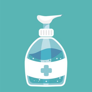 Antibakteriyel dezenfektan jel, sabun. Şişe dağıtıcı simgesi. Alkol dezenfektanı. Korunma konsepti: koronavirüs, 2019-nCoV, grip, virüs. Düz vektör illüstrasyonu