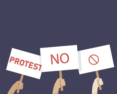 Protesto tabelaları tutan eller, protestocu kalabalığı, siyasi kriz posterleri. Devrim levhası konsepti. Düz vektör illüstrasyonu