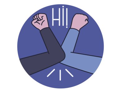 Selam dirseğine geldi. Dirsek çarpması. Güvenli selamlar. Enfeksiyon, virüs, koronavirüs ve grip bulaşmasını önlemek için yöntemler. Coronavirus salgını için koruyucu ekipman. El yok. Düz vektör