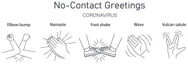 No-Contact Greetings. Greeting hit your elbow. Elbow bump. Safe greetings. Methods to prevent transmission of infection, virus, coronavirus, influenza. Coronavirus epidemic protective equipment. No handsh. Flat vector clipart