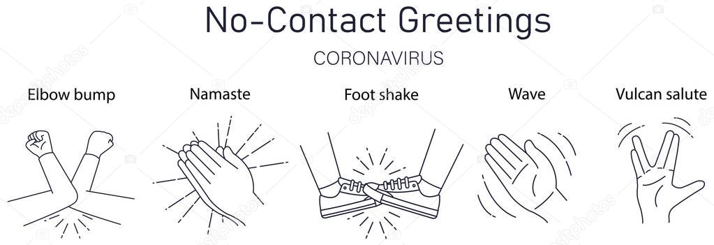 No-Contact Greetings. Greeting hit your elbow. Elbow bump. Safe greetings. Methods to prevent transmission of infection, virus, coronavirus, influenza. Coronavirus epidemic protective equipment. No handsh. Flat vector