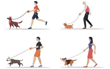 Erkek ve kadınlar farklı cinslerden köpeklerle yürüyorlar. Aktif insanlar, boş zaman. Düz vektör çizimleri kümesi.