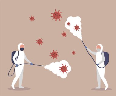 Koruyucu giysiler giyen tıp bilimcileri koronavirüs hücrelerini temizleyip dezenfekte ediyorlar. Temizlik ve Dezenfekte Virüsü, Covid-19, Coronavirus Hastalığı, Önleyici Tedbirler. Vektör illüstrati