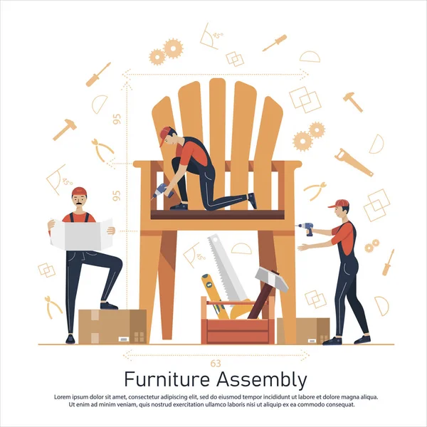 Muebles Concepto Montaje Ilustración Trabajadores Fabricación Con Herramientas Profesionales Ayuda — Vector de stock