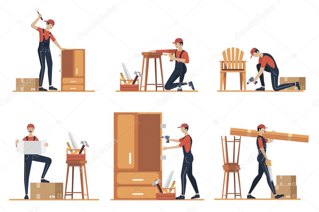 Furniture assembly concept illustration. Workers of manufacture with professional tools. Help from furniture store professional. Flat cartoon vector illustration