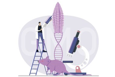 Genetik mühendisliği. Genetiği değiştirilmiş gıdalar, GM gıdalar. Yiyecek katkı maddeleri. Genetik olarak tasarlanmış gıda konsepti. DNA kombinasyonu. Düz vektör illüstrasyonu