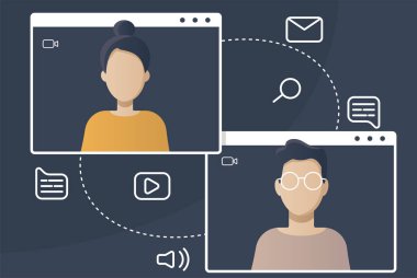Online toplantı. Video konferans inişi. Bilgisayardaki ve akıllı telefon ekranındaki insanlar. Sanal iş toplantısı. Düz vektör illüstrasyonu