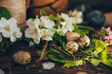 Kırsal ahşap arka planda, elma çiçeği dallı paskalya yumurtaları yuvada.