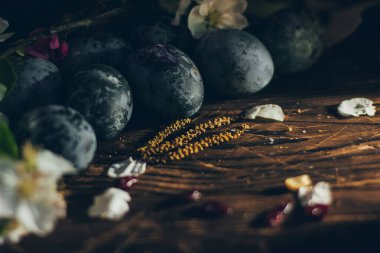 Kırsal ahşap arka planda, elma çiçeği dallı Paskalya yumurtaları.