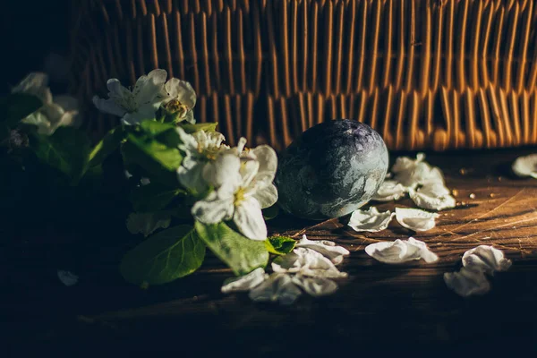 Telur Paskah Pada Latar Belakang Kayu Pedesaan Dengan Cabang Apel — Stok Foto