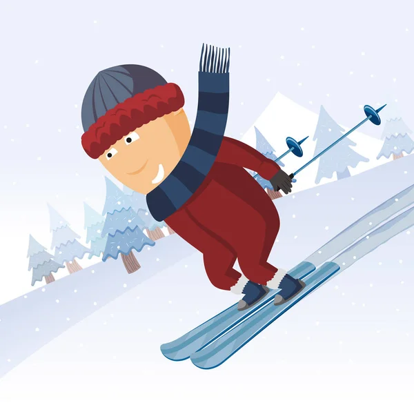 Skiing holiday in the mountains. Recreation. Cartoon funny vector illustration.