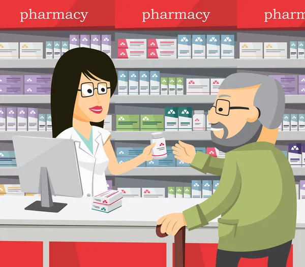 Pharmacist chemist woman in pharmacy. Man buys drugs at the pharmacy ...