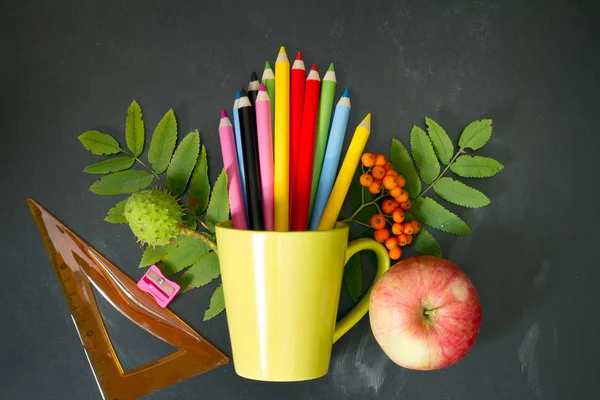 Back to school abstract background with crayons on blackboard — Stock Photo, Image