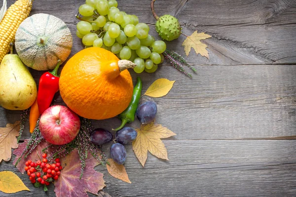 Arka plan eski ahşap sonbahar meyve ve sebze natürmort Komiteleri — Stok fotoğraf