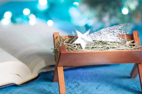 Bibeln Manger Och Infödda Scenen Christmas Bakgrund Abstrakt Med Stjärna — Stockfoto