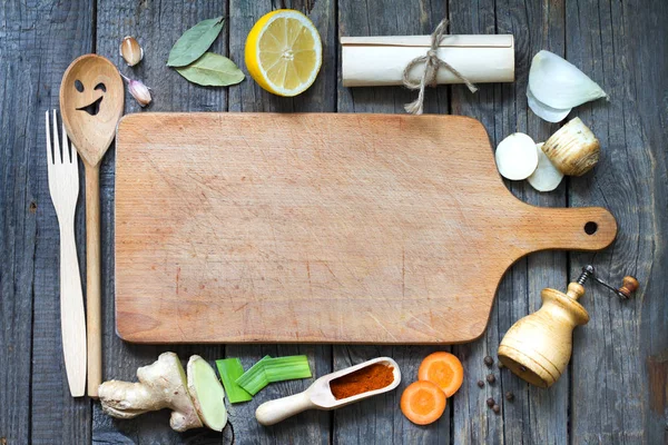 Concept Fond Alimentaire Avec Recette Planche Découper Vide Rétro — Photo