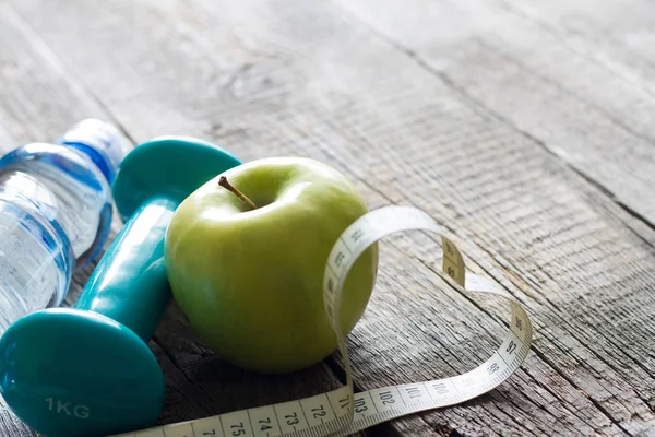 Love Fitness Diet Concept Heart Measuring Tape Apple Dumbbell — Stock Photo, Image