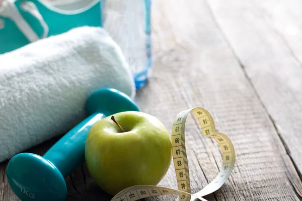 Love Fitness Diet Concept Heart Measuring Tape Apple Dumbbell — Stock Photo, Image