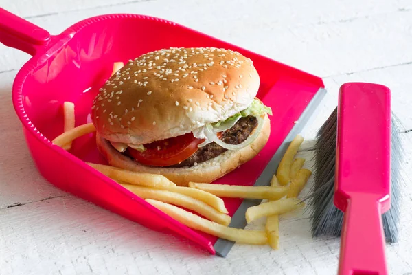 Sweeping Junk Food Burger French Chips Dustpan Concept Health Detox — Stock Photo, Image