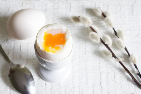 Easter Breakfast Boiled Egg White Wooden Table Catkins — Stock Photo, Image