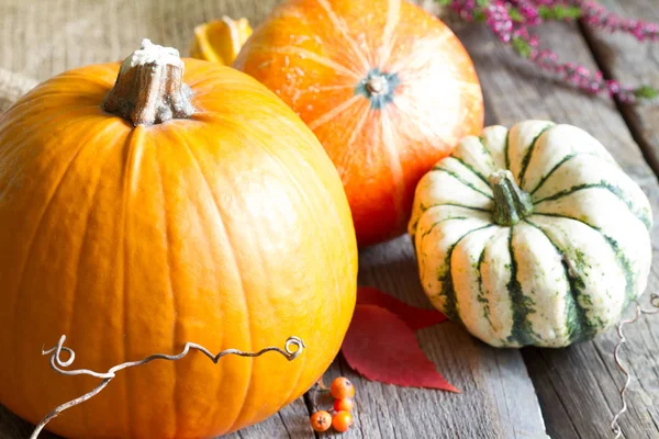 Calabazas Otoño Sobre Fondo Tablas Madera — Foto de Stock