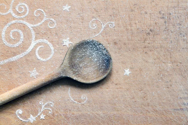 Christmas Abstract Food Background Cutting Board Spoon Flour — Stock Photo, Image
