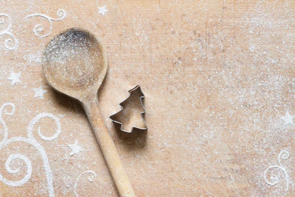 Rezumat Fundal Alimentar Crăciun Mucegai Cookie Lingură Făină — Fotografie, imagine de stoc