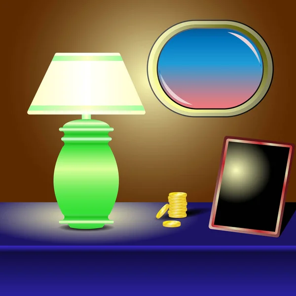 Lampe de table, pièce d'or, cadre, hublot — Image vectorielle