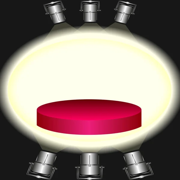 Piédestal rouge éclairé par des projecteurs — Image vectorielle