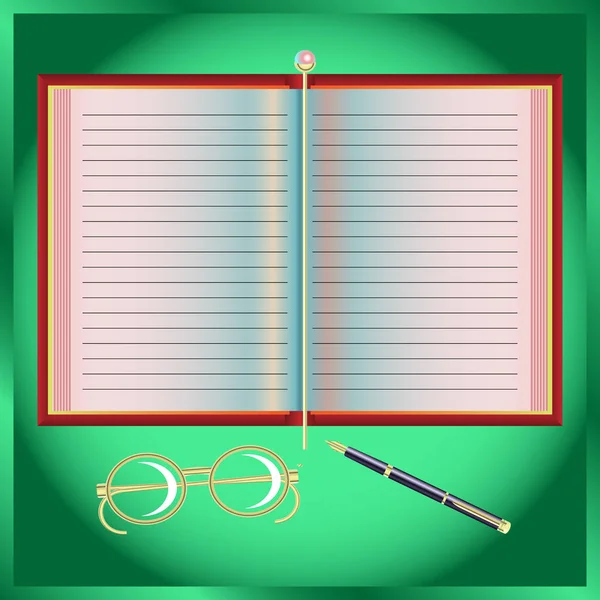 Notizbuch, vergoldete Brille, Stift, vergoldetes Lesezeichen auf grünem Hintergrund — Stockvektor