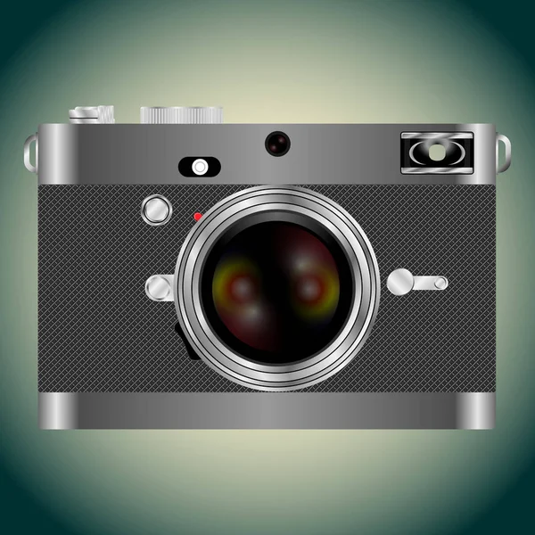 Realistic vintage style retro digital photo camera with yellow and red  lens — Stock Vector