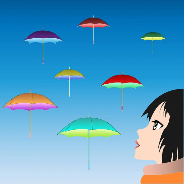 Girl watching floating umbrellas — Stock Vector