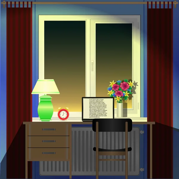 Oda, Masası, dizüstü bilgisayar, alarmclock, lamba ve pencere akşam — Stok Vektör