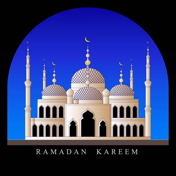 Ramadan Kareem. Moskee in de boog tegen de blauwe hemel — Stockvector
