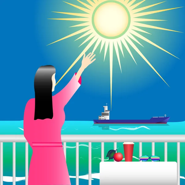 Девушка в розовом на балконе машет кораблем в море под ярким солнцем — стоковый вектор