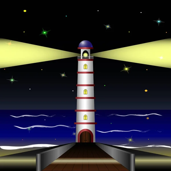 Faro junto al mar en el cielo nocturno — Vector de stock