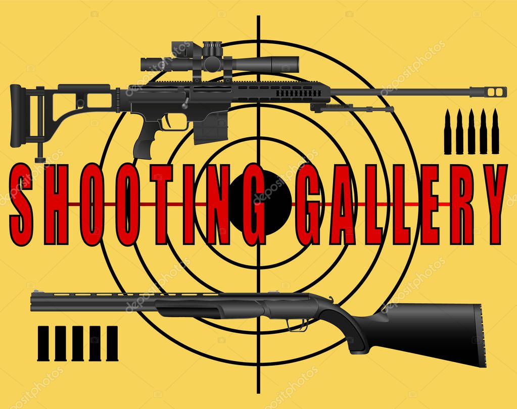 Poster, banner shooting range, gallery, a sniper rifle and a rifle target on a yellow background. Vector Illustration