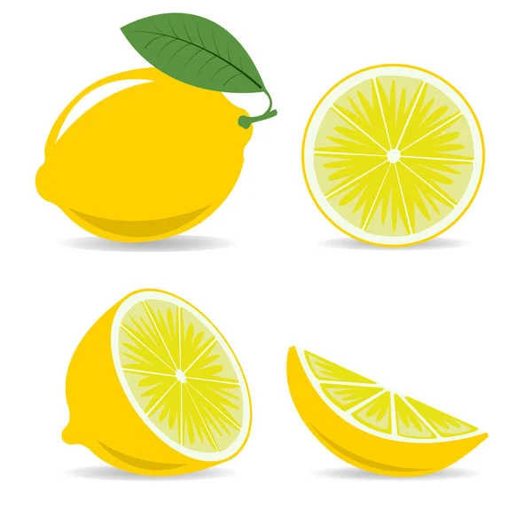 Lemon isolated on white background, depicted in different angles, cut in to parts — Stock Vector