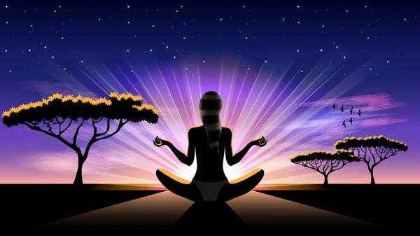 Yoga yapan kadınlar gün doğumunda yıldızlı gökyüzü ve pembe bulutlar