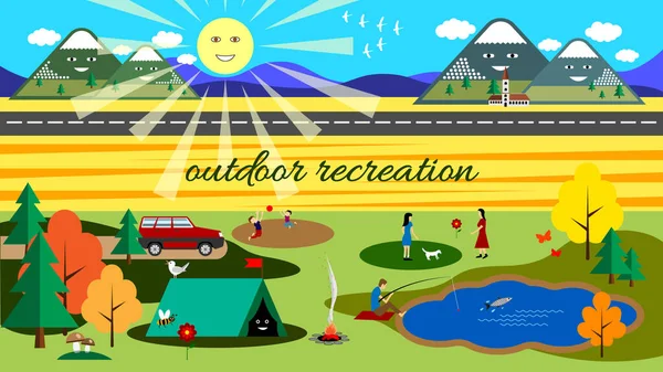 Recreación familiar al aire libre en otoño. Camping naturaleza paisaje . — Vector de stock