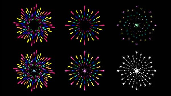 Set kleurrijke ronde vuurwerk, splash geïsoleerd op zwarte achtergrond. — Stockvector