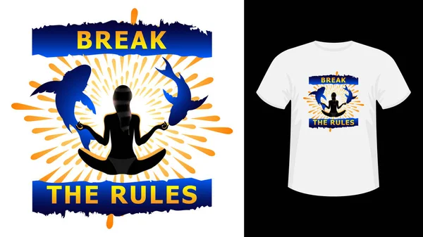 Slogan Break the Rules žluté písmo tisk bílé tričko. — Stockový vektor