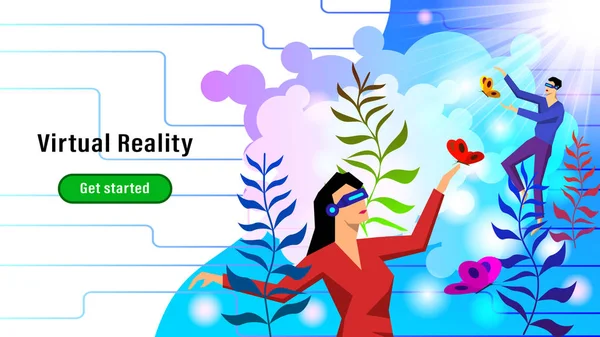 Personas con gafas VR jugando con mariposas entre las plantas . — Vector de stock